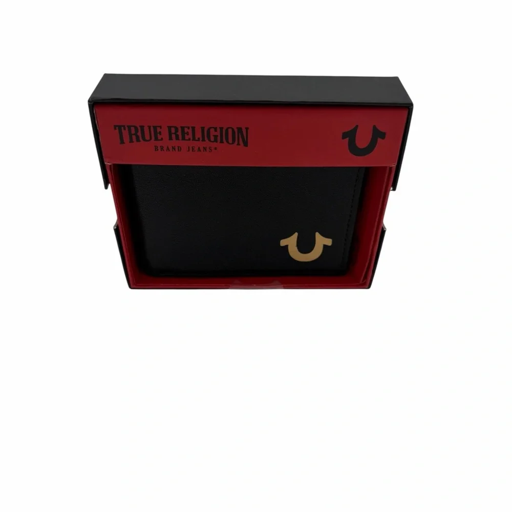 True Religion Black Leather Bifold Wallet Flip Slot New RFID
